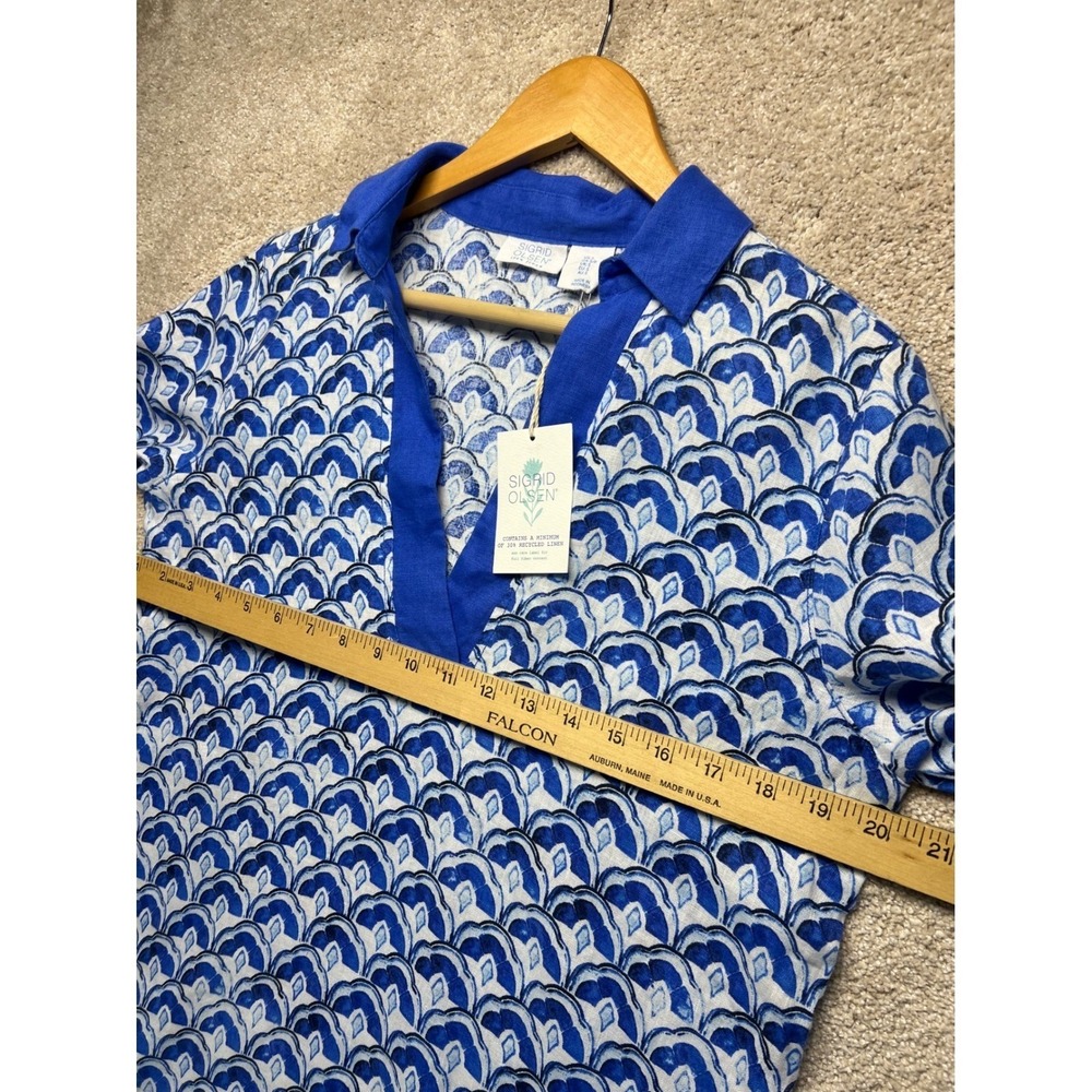 Sigrid Olsen Blue White Tunic Top Linen 3/4 Sleeve NWT V Neck Coastal Vacation S - Picture 6 of 12